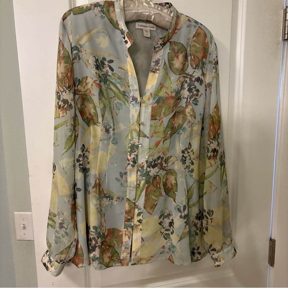 Coldwater Creek Semi Sheer-Lined Body-Green Floral Loop Button Blouse-L-Long Slv
